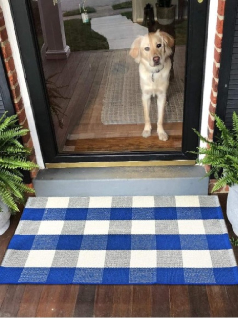 Blue and White Buffalo Check Layering Door Mats, Washable, 51.2''×23.6''